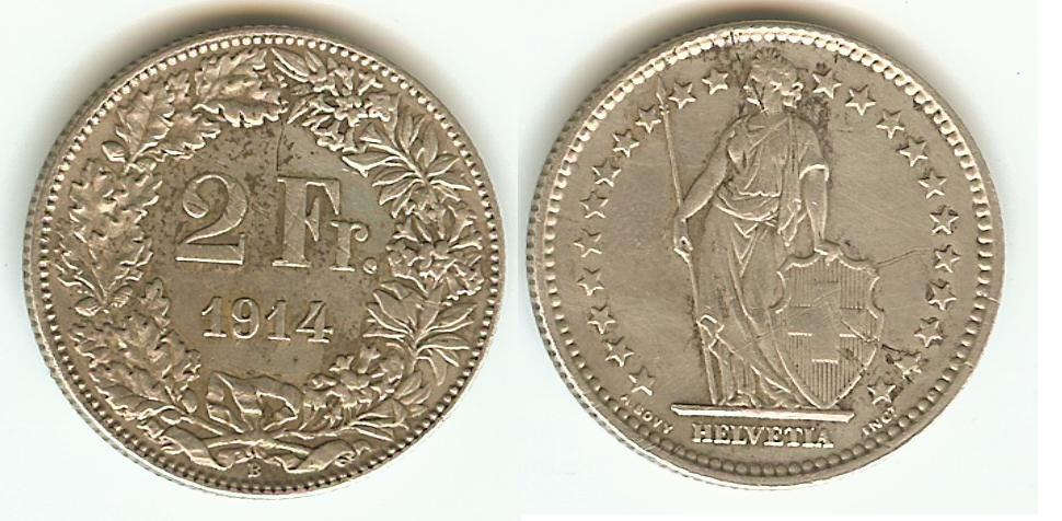 Swiss 2 Francs 1914B gEF